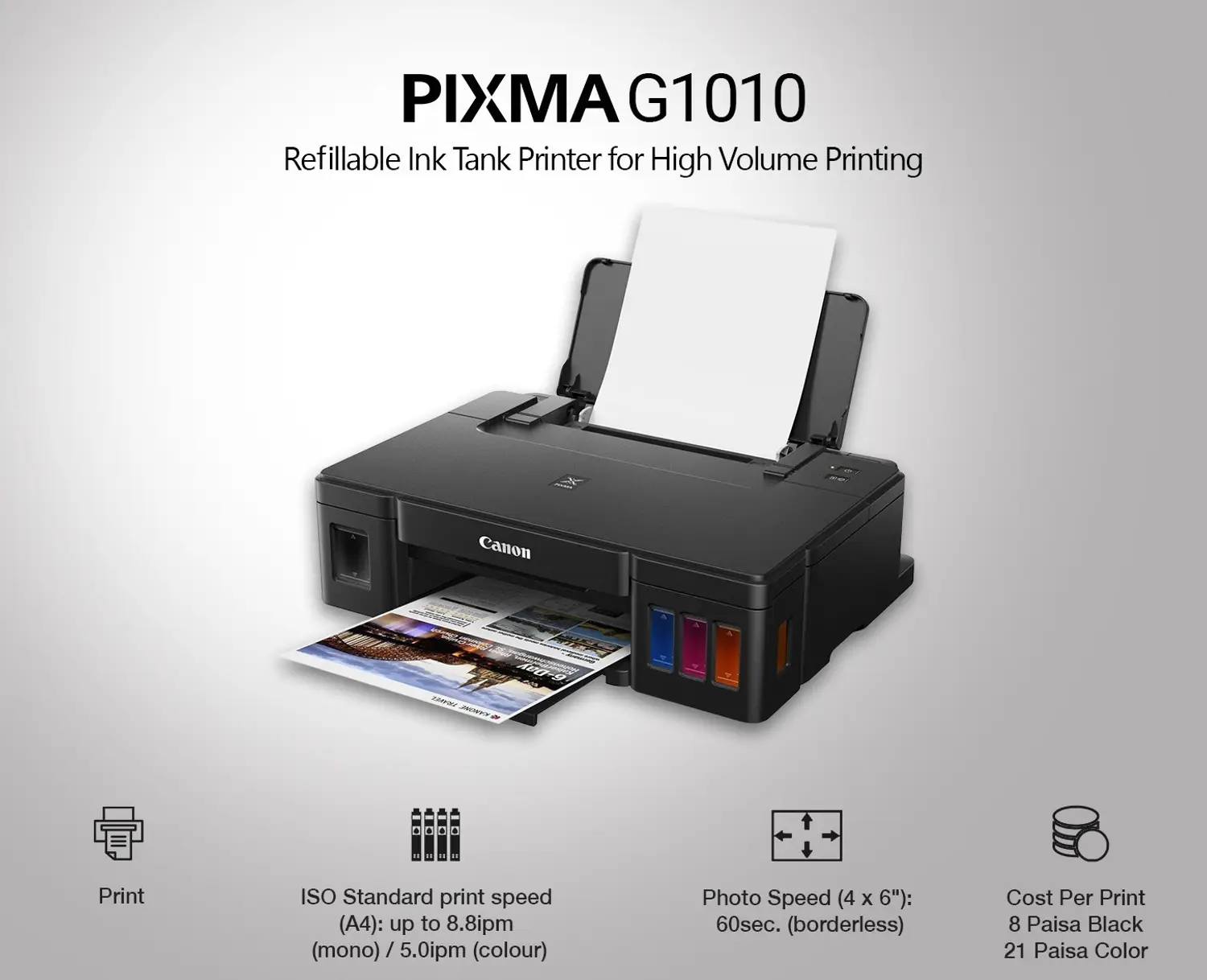 Canon PIXMA Ink Efficient G1010 Single Function Color Ink Tank Printer (Color Page Cost: 0.21 Rs. | Black Page Cost: 0.09 Rs. | Borderless Printing) - view 4