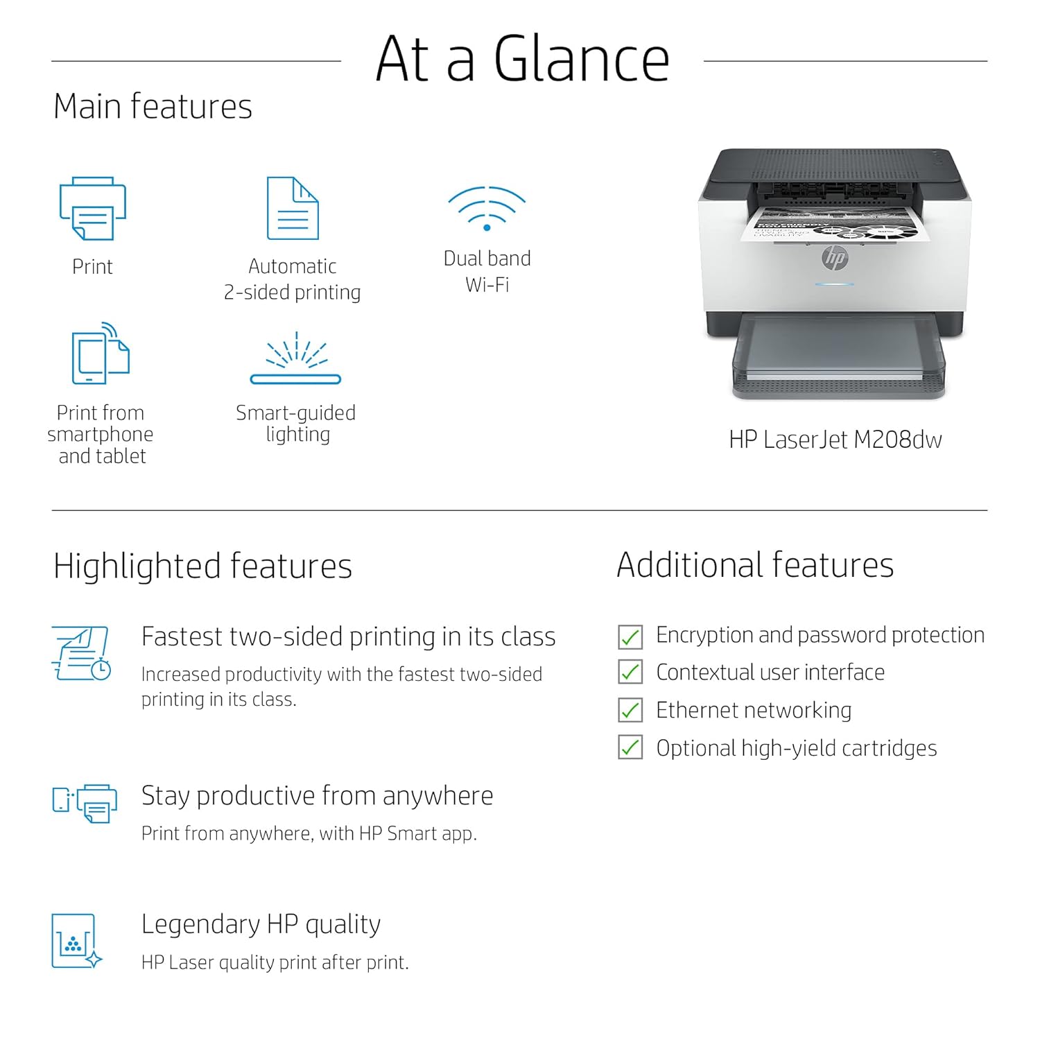 HP LaserJet M208dw Printer, Wireless, Single Function, Print, Hi-Speed USB 2.0, Ethernet, Bluetooth LE, Up to 30 ppm, 150-sheet Input Tray, 100-sheet Output Tray, Black and White, 6GW64A - view 4