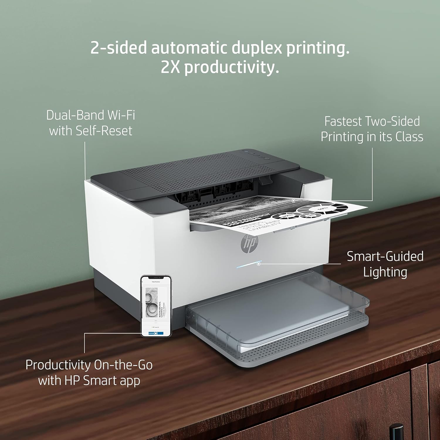 HP LaserJet M208dw Printer, Wireless, Single Function, Print, Hi-Speed USB 2.0, Ethernet, Bluetooth LE, Up to 30 ppm, 150-sheet Input Tray, 100-sheet Output Tray, Black and White, 6GW64A - view 3