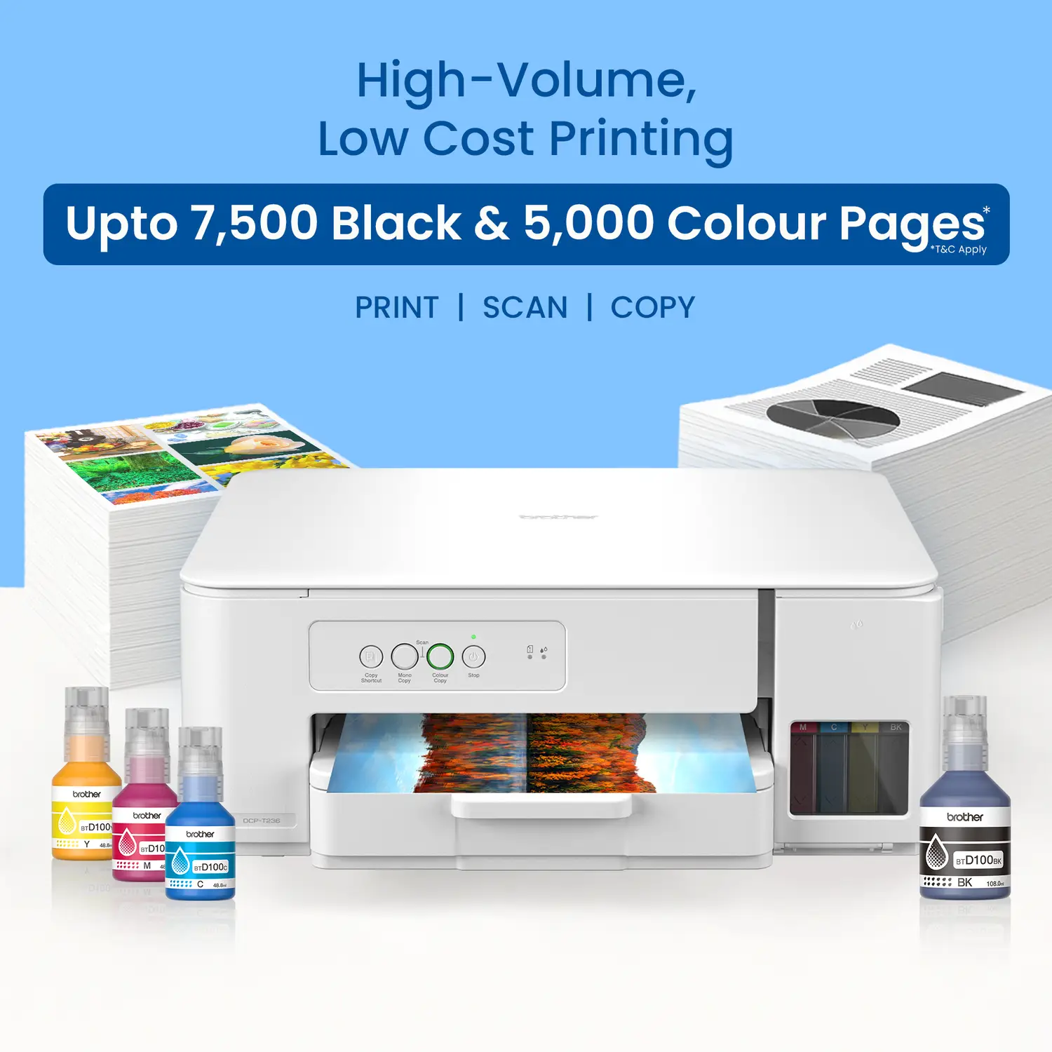brother DCP-T236 Multi-function Color Ink Tank Printer (Borderless Printing) for Print/Copy/Scan with 27/11 PPM BK/CL, 150 Sheet Paper Tray, Print Upto 7.5K Pages in Black & 5K in Color Each for (CMY), Best for Home Printing - view 1