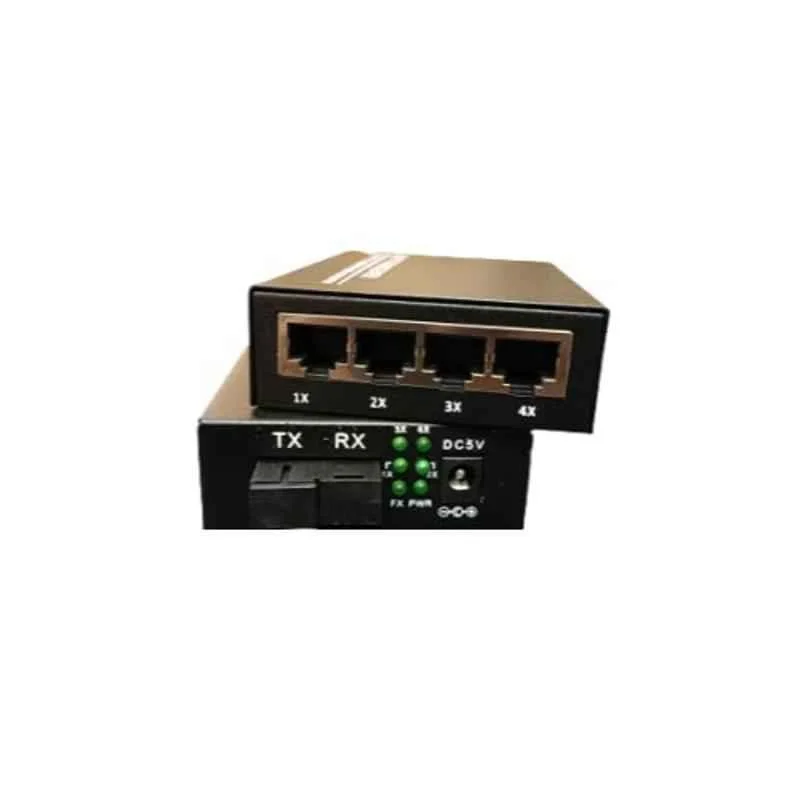 Hanutech 20km 10/100Mbps 4 RJ45 Port to 100Base-FX Media Converter Pair Over Single Mode Single Fiber