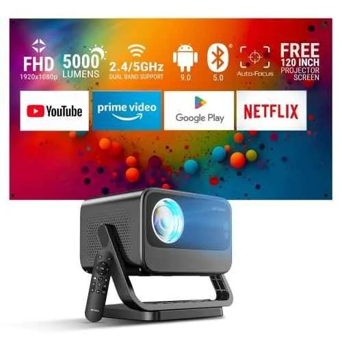 Ant Esports View 822 176 inch 1080p 5000lm Black Smart LED Projector with Auto-Focus, 4K Support, Wi-Fi, Android 9, BT, Remote, Built-in OTT & Speaker