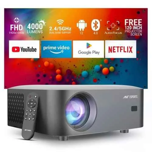 Ant Esports View 611 AF 120 inch 4000lm 1080P Smart LED Projector with Auto-Focus, 4K Support, Wi-Fi & BT, Android 12, Built-in OTTs & Speaker
