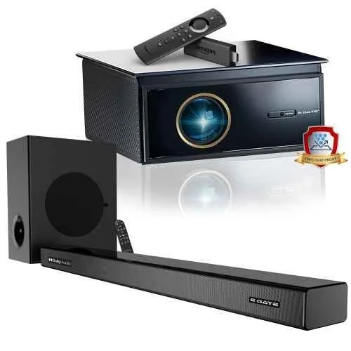 E GATE FireFlix 10X Projector Sound Bar Combo | Dual OS 4K Projector (Android+FTS) + 300W Dolby Soundbar with HDMI ARC | 100% Dust Proof, 1000 ISO Lumens & 2100FC | Native1080p & 4k HDR EGate Black