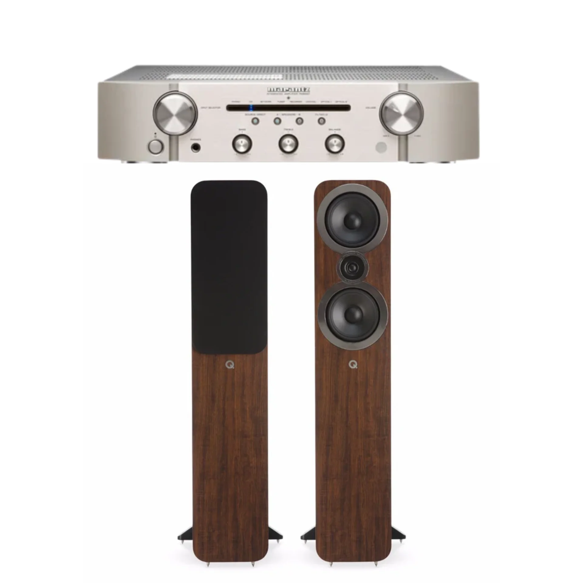Marantz PM6007 Stereo Amplifier (Silver) + Q Acoustics 3050i Floor Standing Speaker (Walnut) (Pair) (Stereo Bundle Package)