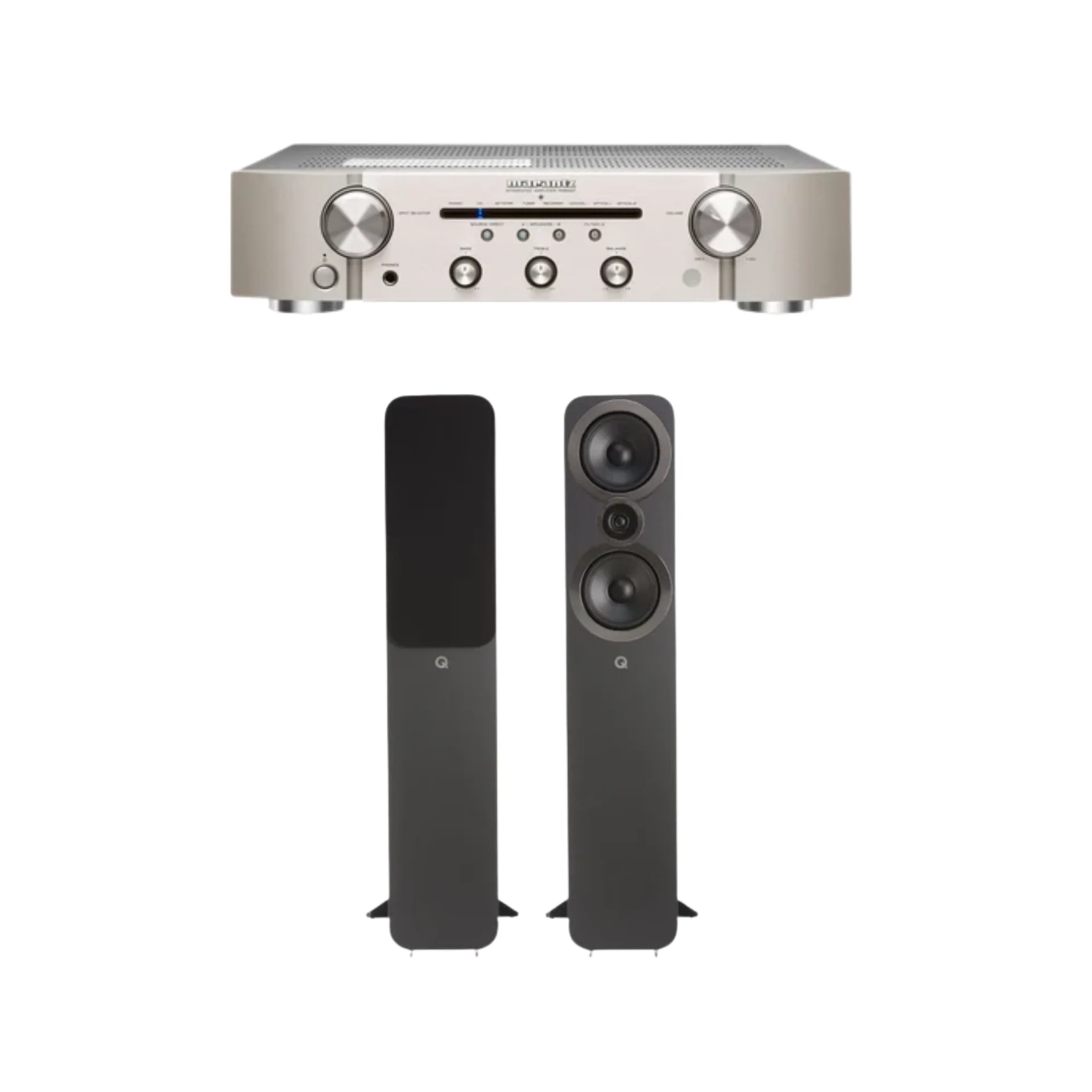 Marantz PM6007 Stereo Amplifier (Silver) + Q Acoustics 3050i Floor Standing Speaker (Black) (Pair) (Stereo Bundle Package)