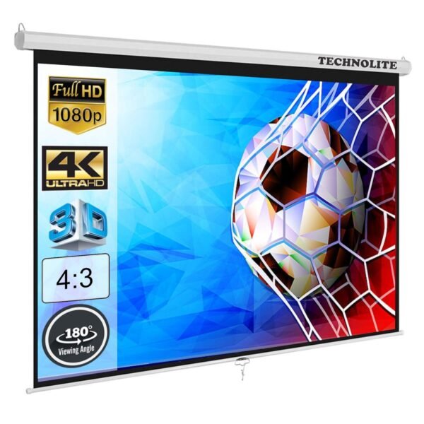 Technolite Universal Wall Self Lock Manual Pull Down Projector Screen, 8 Ft. - Width x 6 Ft. - Height, 120 Inch Diagonal, 4:3 Picture Format, Supports Full HD 1080P, UHD-3D-4K Technology(White)