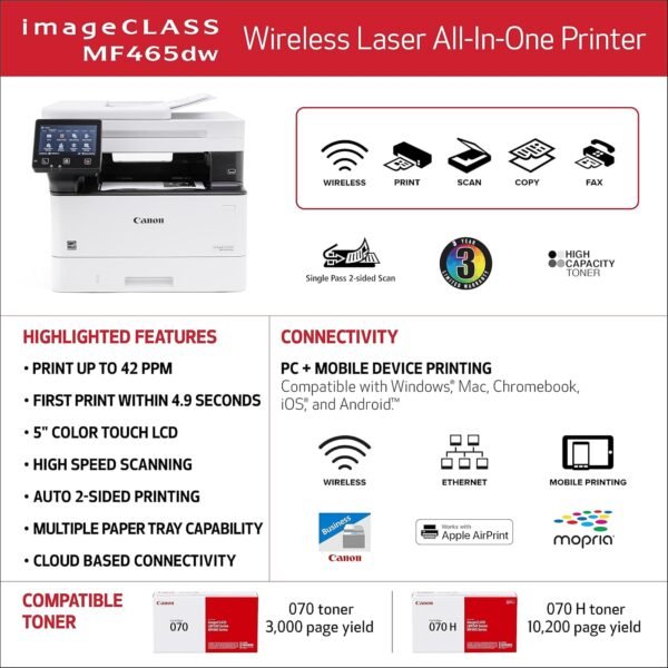 Canon imageCLASS MF465dw - Monochrome, Duplex Wireless Laser Printer, All-in-One with Scanner, Copier, Fax, Home or Office, Auto Document Feeder, Mobile Ready, 3 Year Limited Warranty, 42 PPM, White - Image 4