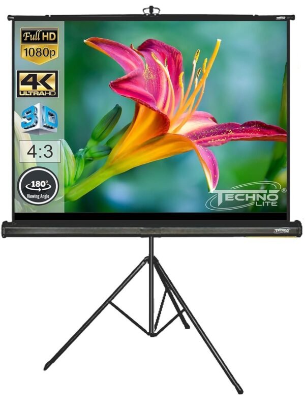 Technolite 6 Ft - Width x 4 Ft - Height Tripod Projector Screen, Supports UHD-3D-4K Technology, 84 Inch Diagonal 4:3 Ratio, Comes with Stand(White)