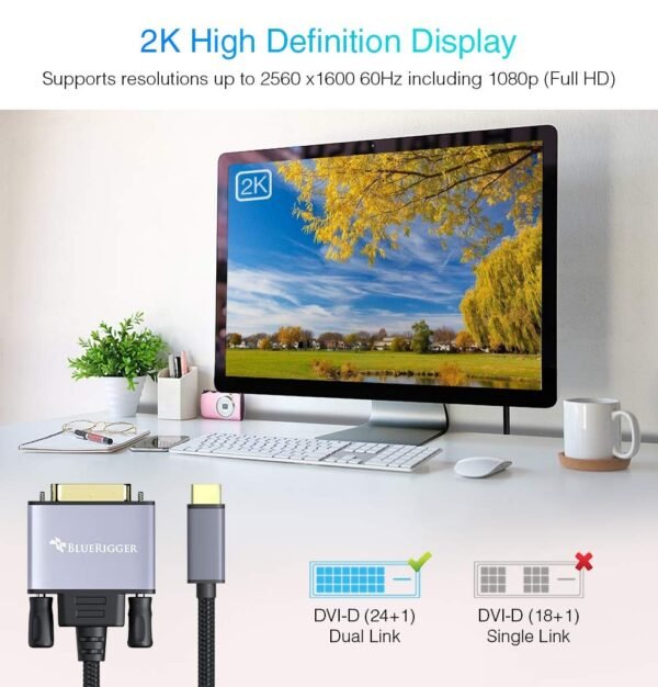 BlueRigger Premium USB C 3.1 to DVI Adapter Cable (Thunderbolt 3 Compatible) for MacBook Pro 2017/18/19/20, MacBook Air/iPad Pro 2020, Surface Book 2, Samsung Galaxy S8/S9/S20, Note 10 and more (6 Feet / 1.8 Meters) - Image 2