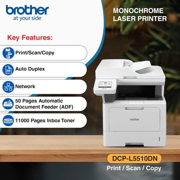 Brother DCP-L5510DN (New Launch) Auto Duplex Laser Printer, 48 PPM, Print Scan Copy, 3.5" Touch Screen Display, 50 Pages ADF, 2GB Memory, LAN, 250 Sheet Tray, 11000 Pages Inbox Toner,Free Installation - Image 5