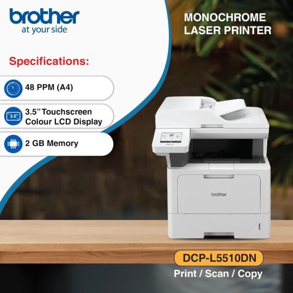 Brother DCP-L5510DN (New Launch) Auto Duplex Laser Printer, 48 PPM, Print Scan Copy, 3.5" Touch Screen Display, 50 Pages ADF, 2GB Memory, LAN, 250 Sheet Tray, 11000 Pages Inbox Toner,Free Installation - Image 4