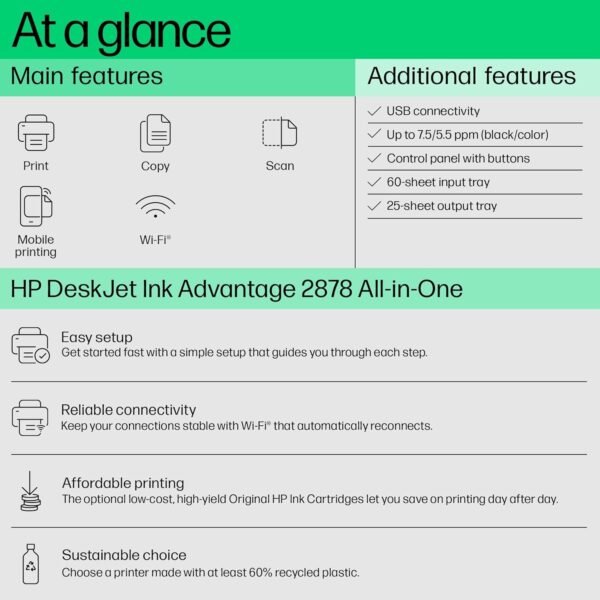 HP Ink Advantage 2878 Printer, Copy, Scan, WiFi, Bluetooth, USB, Simple Setup Smart App, Ideal for Home. - Image 3