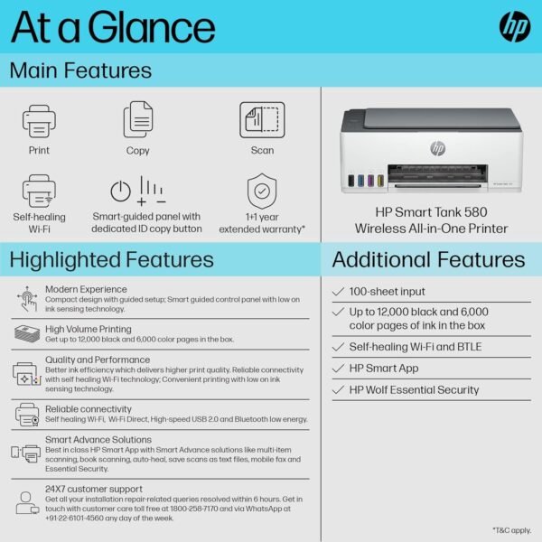 HP Smart Tank 580 Aio WiFi Colour Wireless Solid Ink Printers with 1 Extra Black Ink Bottle (Upto 8000 Black & 6000 Colour Prints) + 1 Year Extended Warranty with PHA Coverage -Print, Scan & Copy - Image 3