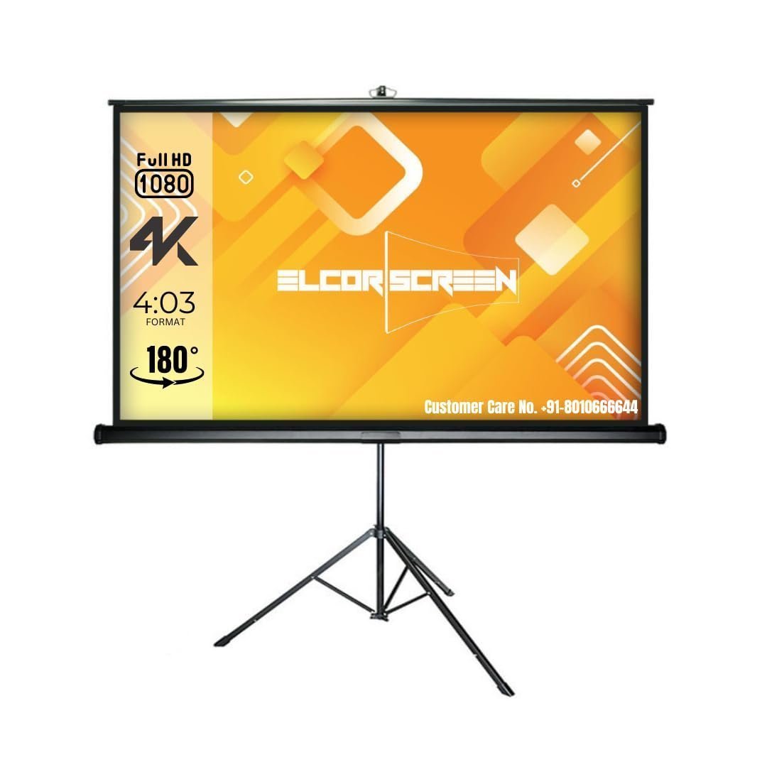 ELCOR Tripod/Portable Indoor-Outdoor projection screen 84" | 4 feet x 6 feet | 4:03 format, UltraHD 4K Matte White fabric material, Heavy sturdy tripod stand Included