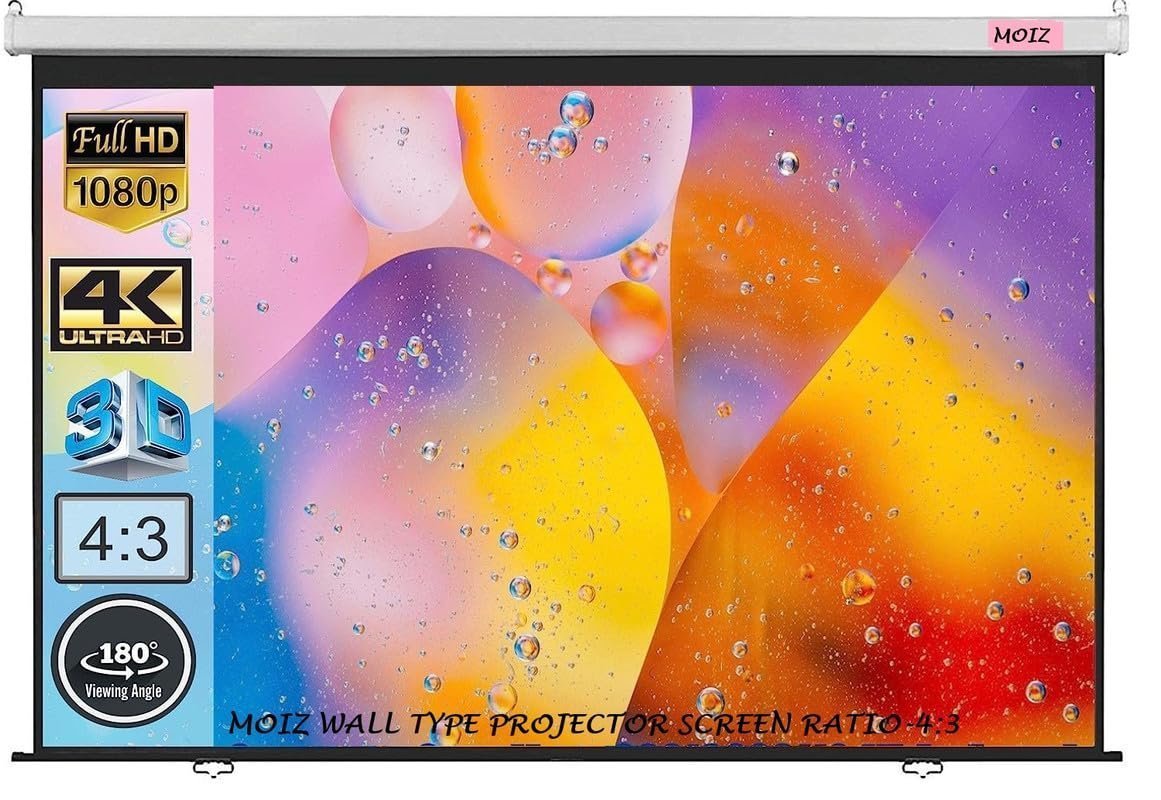 MOIZ 150 inch Wall Type Pull Down Spring Action Projector Screen, Size: - 10 Ft. (Width) x 8 Ft. (Height), in Imported High Gain Fabric, No Autolock/Instalock Mechanism UHD, Active 3D and HDR Ready